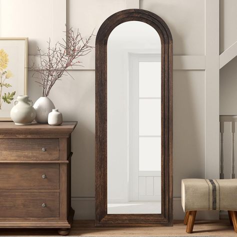 Elevate your space with our 64" x 21" Full Body Mirror, offering a clear view of your entire figure. Embrace rustic elegance with the distressed style wooden stepped frame—solid, natural, and environmentally friendly. Enhanced safety features include explosion-proof glass, ensuring shards stay contained in the rare event of an impact. Redefine your reflection with style and security. Distressed Wood Mirror, Wood Full Length Mirror, Arched Floor Mirror, Full Length Floor Mirror, Hallway Mirror, Rustic Wall Mirrors, Wood Arch, Mirror Wall Bedroom, Metal Frame Mirror