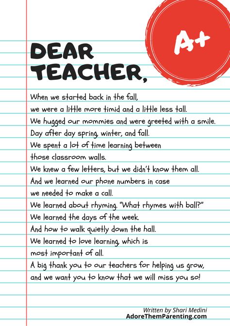 Here is a free printable teacher poem to show your kids' teachers appreciation for all that they do! It makes a perfect end of year teacher gift from kids - especially for preschool and kindergarten teachers. Thank you from us parents and your students! Poem For A Teacher From A Student, Best Letter For Teachers, Teacher's Day Poem In English, What To Write To A Teacher, A Letter For Teacher, Letters For Your Teacher, Poems For Your Teacher, Teacher Message To Students End Of Year, Teacher Appreciation Poems From Student