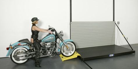 Garage Motorcycle Storage, Motorcycle Storage Ideas, Motorcycle Storage Garage, Hd Fatboy, Motorcycle Storage, Ultimate Garage, Small Garage, Motorcycle Garage, Garage Ideas