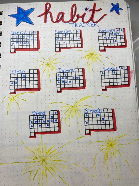 Fourth Of July Bullet Journal, July Bullet Journal Habit Tracker, 4th Of July Bullet Journal, July Journal Ideas, July Habit Tracker, July Mood Tracker, July Bullet Journal Ideas, Summer Bujo, July Journal