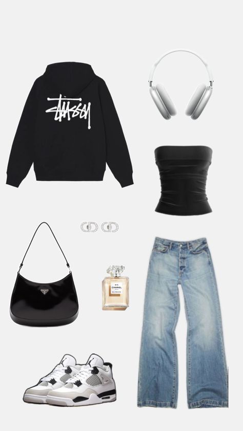 Stüssy hoodie, light blue pants, tube top,streetwear outfit Stüssy Hoodie, Clean Girl Outfit, Outfit Black And White, Tube Top Outfits, Girls Streetwear, Light Blue Pants, Black And White Outfit, Streetwear Girl, Skandinavian Fashion