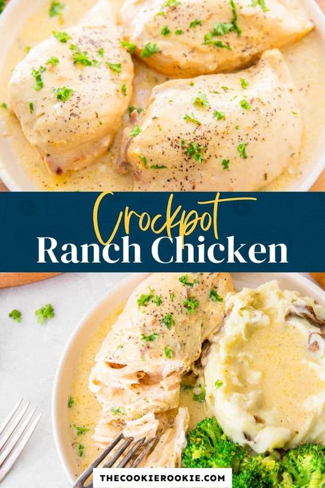 Crockpot Ranch Chicken - The Cookie Rookie® Chicken Recipes Ranch Packet, Chicken Recipes Ranch, Boneless Chicken Thighs Crockpot, Crockpot Ranch Chicken, Frozen Chicken Crockpot, Ranch Chicken Recipe, Ranch Chicken Crockpot, Crockpot Chicken Thighs, Chicken Breast Crockpot Recipes