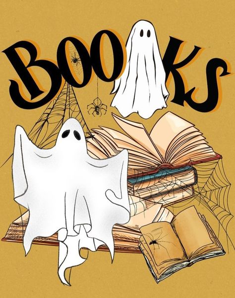 Spooky Book Illustration, Spooky Reading Aesthetic, Bookish Halloween Wallpaper, Ghost Reading Book, Bookish Halloween, Creepy Movies, Halloween Reading, Creepy Toys, Library Posters