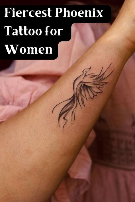 121 Fiercest Phoenix Tattoo Ideas for Women - Tattoo Glee Womens Pheonix Tattoo Ideas, Saved Tattoo Ideas, Women’s Phoenix Tattoo, Minimal Phoenix Tattoo Design, Strength Forearm Tattoo Women, Fine Line Phoenix Tattoo Women, Phoenix Forearm Tattoo For Women, Pheonix Tattoo For Women Simple, Phoenix Tattoo Forearm Women