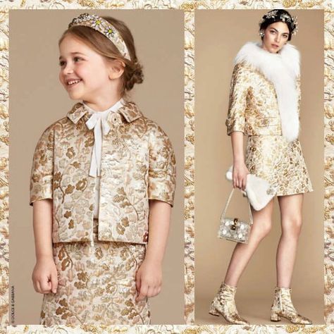 Sparkling Night - Dolce Gabbana Mini Me Collection Inspired by 1920s | Dashin Fashion Sparkling Night, New York Kids, Dolce And Gabbana Fashion, Brocade Skirt, Embellished Skirt, Gold Skirt, Beige Skirt, Textured Skirt, Gold Brocade