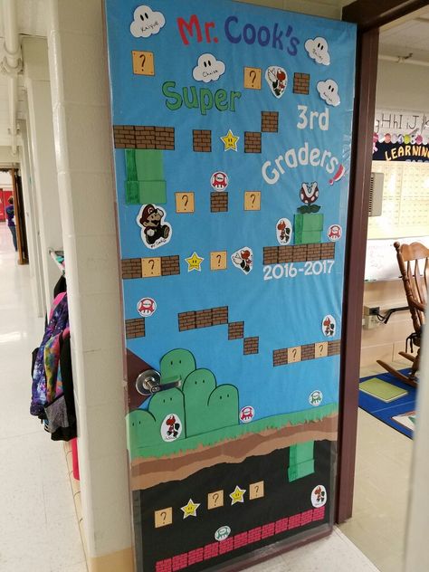 Super Mario Door! Super Mario Bros Door Decoration, Mario Classroom Door, Super Mario Theme Classroom, Super Mario Door Decorations, Mario Door Decorations, Super Mario Bulletin Board Ideas, Mario Kart Bulletin Board, Super Mario Classroom Door, Super Mario Bros Classroom Theme