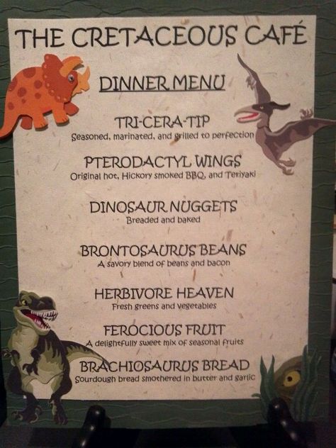 Dinosaur party dinner menu for Hunter's party! Dino Dinner Ideas, Dinosaur Menu Food Ideas, Dinosaur Dinner Party, Jurrasic Park Themed Dinner, Dino Party Food Labels, Jurassic Park Dinner And A Movie, Jurassic Park Themed Dinner, Dinosaur Dinner Ideas, Jurassic Park Food Ideas