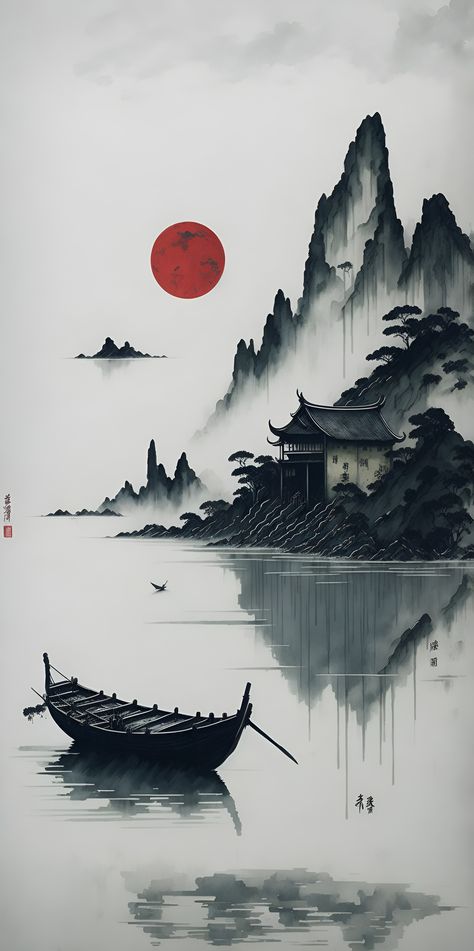 Space Art Wallpaper, Japanese Wallpaper Iphone, Japanese Pop Art, Asian Landscape, Samurai Wallpaper, Chinese Landscape Painting, Japanese Art Prints, Chinese Landscape, Japon Illustration