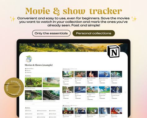 #Organisation #Notion_Template_Ideas_Watch_List #Notion_Anime_Tracker #Notion_Media_Tracker Notion Media Tracker, Movies Notion, Tv Show Tracker, Studio Ghibli Aesthetic, Show Tracker, Tv Series Tracker, Notion Inspiration, Series Tracker, Aesthetic Notion Template