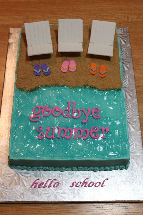 End of summer/back to school cake - For three girls getting ready to start high school - a 9x13 chocolate cake covered with BC, with graham crumb sand and piping gel water. Chairs are GP and flip flops and lettering are fondant. Back To School Cake, College Graduation Cakes, Girls Getting Ready, Piping Gel, Ocean Cakes, School Dinners, School Cake, Goodbye Summer, Three Girls