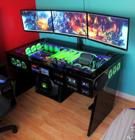 Diy Computer Desk, Gaming Desk Setup, Best Gaming Setup, Gaming Computer Desk, Computer Gaming Room, Computer Build, Custom Computer, Pc Gaming Setup, Video Game Rooms