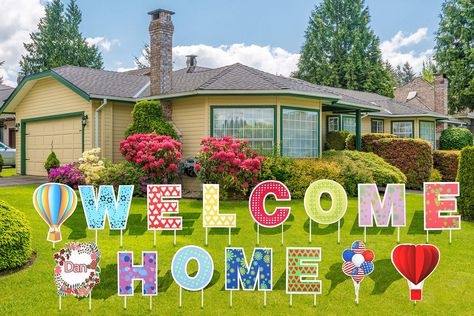 Courtyard Party, Stick Letters, Welcome Back Home, Welcome Home Banners, Flower Sign, Letter Card, Welcome Home Signs, Home Yard, Decorative Garden Stakes