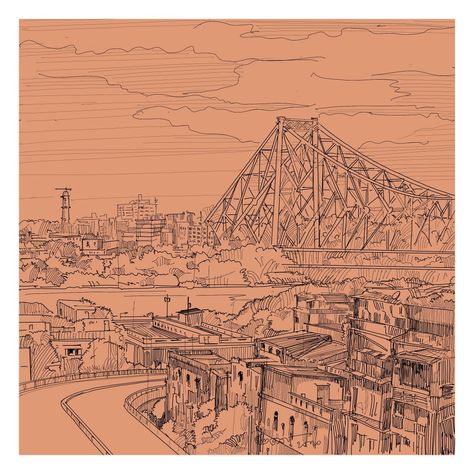 iPad sketch of Kolkata skyline, Howrah bridge Kolkata Skyline Sketch, Howrah Bridge Sketch, Kolkata Illustration Art, Kolkata Houses, Kolkata Drawing, Kolkata Sketch, Kolkata Skyline, India Monuments, Weekend Sketch