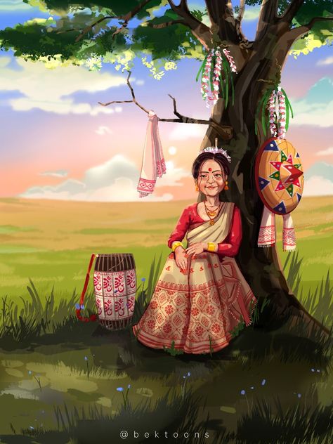 A girl wearing traditional attire of assam (mogar makhal ) and sit around nature . Assames girl . North East India . Assam Bihu Festival Drawing, Bihu Drawing, Assam Culture Art, Assam Culture, Assamese Bihu, Assamese Culture, Bengali Aesthetic, Art Competition Ideas, Cartoons Dp