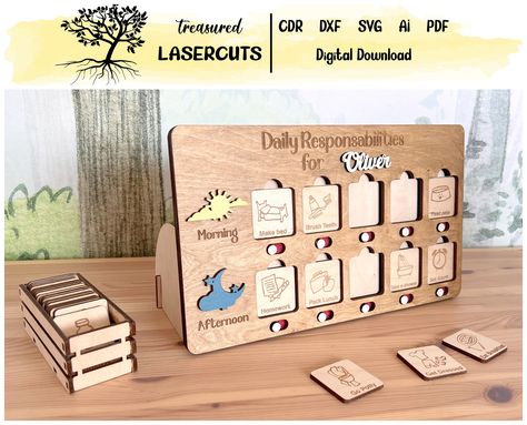 Daily Responsibilities Laser Cut, Responsibility Board SVG, Daily Chore Glowforge,  Chore Chart Laser File, Digital Download Files: -AI -CDR -DXF -SVG -PDF Materials : draftboard, mdf, plywood, wood, acrylic, etc. 36 activities included Measurements:  340x200 mm Thicknesses: 3mm 4mm 1/8 in The green/red sliders need to be made out of a thinner material than the middle layer.  Licence: You can sell the physical products), but not the files. Please contact us if you have any questions about the fi Glow Forge Aura Projects, Laser Wood Projects, Glowforge Acrylic, Free Laser Cut Files, Laser Cut Wood Jewelry, Diy Montessori Toys, Wood Laser Ideas, Glowforge Projects, Diy Laser Cut