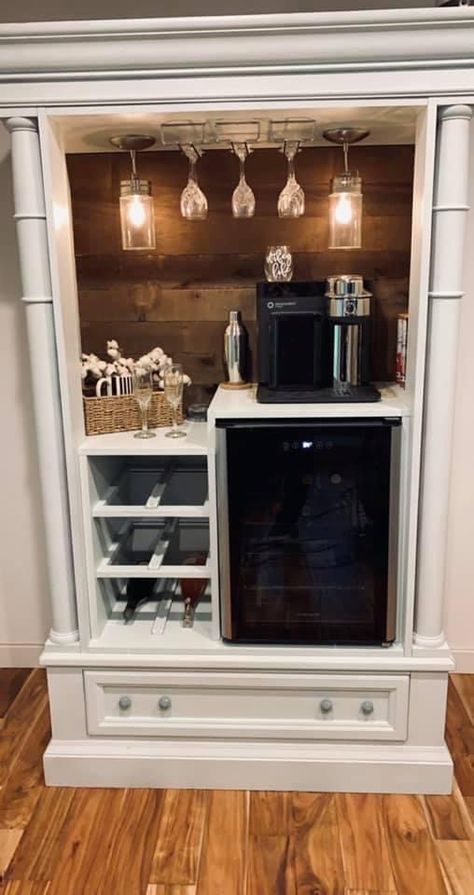 Armoir Coffee Station, Wine Armoire Ideas, Hutch Coffee Bar, Armoire Coffee Bar, Interesting Hobbies, Cofee Bar, Old Farmhouse Kitchen, Coffee Display, Coffee/wine Bar