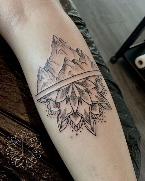 Reflection concept !- try with tree and river? #tattoo#mandala#mandalatattoo#mountain#mountaintattoo#dot#dotwork#dottattoo#dotworktattoo#ink#inked#tattooartist#tattooist#artist#love#lovemyjob Nature Healing Tattoo, Sunflower And Mountain Tattoo, Geometric Mountain Tattoo Design, Mountain Mandala Tattoo, Mandala Mountain Tattoo, Tree And River Tattoo, Mountain Reflection Tattoo, Mountain Geometric Tattoo, Mountain Tattoo Arm