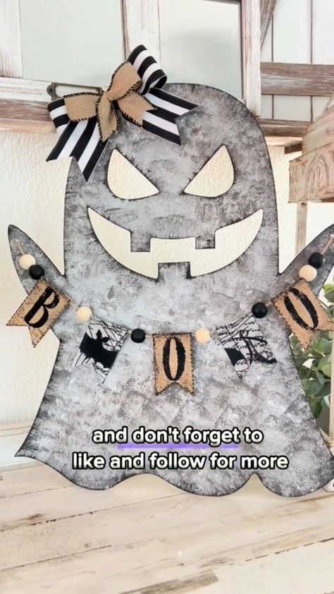 Diy Dollar Store Halloween Decor, Dollar Tree Wooden Ghost Diy, Dollar Tree Rope Ghost, Dollar Tree Ghost Wood Cutout, Dollar Tree Wooden Ghost, Dollar Tree Jack O Lantern, Dollar Store Ghost Diy, Dollar Tree Ghost Crafts, Dollar Tree Halloween Wood Cutouts Diy