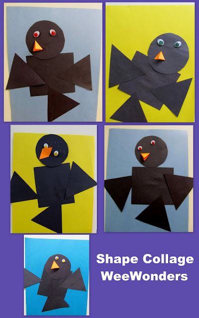 Simple 'shape-birds' for emphasis on geometric forms. Easily adapted for spring birdies. Successful for little ones! Sing A Song Of Sixpence Activities, Scarecrow Activities, Sing A Song Of Sixpence, Fall Preschool Activities, Shape Collage, Twitter Chat, Fall Arts And Crafts, Fall Art Projects, Black Birds