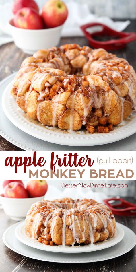 Apple Fritter Monkey Bread is an easy and delicious pull apart bread with chunks of caramelized apples, sticky cinnamon-sugar, and a light glaze. Fashioned after your favorite donut, this apple fritter bread makes a tasty breakfast or dessert. #ad @rhodesbread // #applefritters #applefrittersrecipe #applefritterbreadrecipe #pullapartbread Fall Monkey Bread Recipe, Best Fall Apple Desserts, Apple Recipes Baking, Biscuits Ideas Canned, Christmas Apple Desserts, Biscuit Recipe Ideas, Apple Desserts Recipes, Apple Fritter Monkey Bread, Creative Dessert Ideas