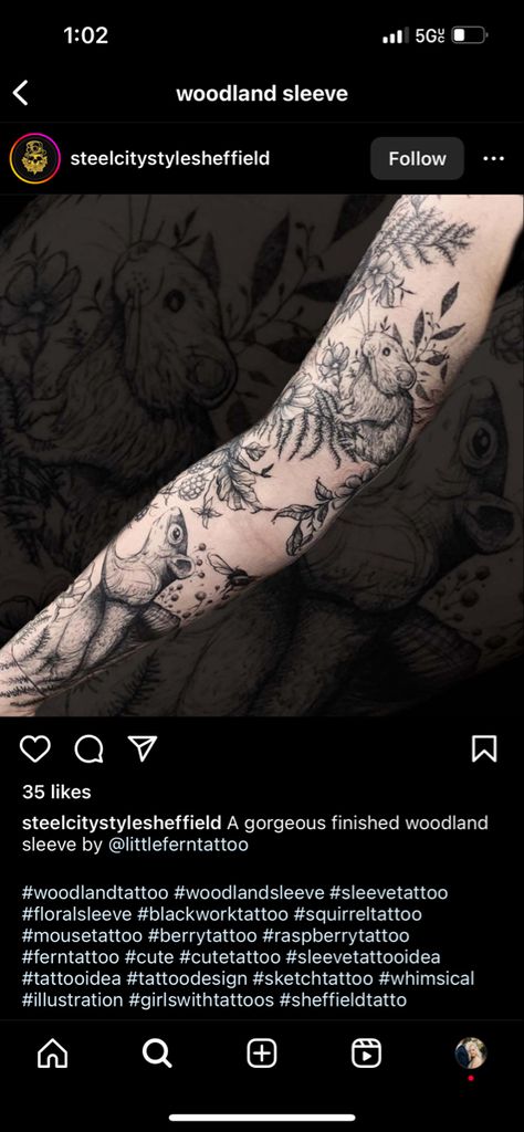 Autumnal Tattoo Sleeve, Woodland Leg Sleeve Tattoo, Woodland Sleeve Tattoo, Woodland Tattoos, Woodland Tattoo Sleeve, Woodland Tattoo, Squirrel Tattoo, Wildlife Tattoo, Fern Tattoo