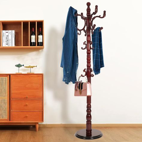 PRICES MAY VARY. 【Strong and Sturdy】There will always be a lot of clothes in all parts of the room in life, and we understand your troubles. With a weight-bearing capacity of up to 200lb and has 14 hooks, this heavy wood coat rack is built to withstand heavy loads, which is very suitable for hanging coats, hats, scarves and other items. 【Adjustable Height】Isn't it a great idea to let your children learn to tidy their own rooms? Designed to accommodate both adults and children, this coat rack fea Aesthetic Coat Rack, Coat Hanger Ideas, Hand Turkey, Coat Hanger Stand, Entryway Porch, Tree Coat Rack, Coat Tree, Waterproof Paint, Porch Living