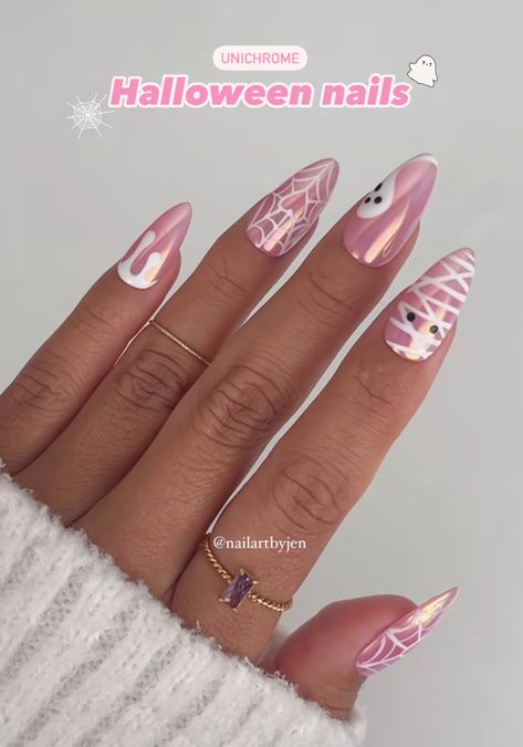 Halloween Nail Ideas Almond Shape, Pink Chrome Halloween Nails, Pink Spooky Nails Almond, Pink Halloween Nails Simple, Pastel Ghost Nails, Halloween Oval Nails, Pink And White Halloween Nails, Spooky Nail Designs Ideas For Halloween, Short Almond Nails Halloween