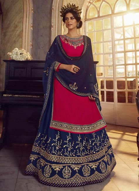 Pink and Blue Embroidered Lehenga/ Pant Style Suit Navy Blue Lehenga Color Combinations, Party Wear Lehenga Style, Anarkali Lehenga Gowns, Indo Western Lehenga, Long Choli Lehenga, Western Lehenga, Celana Fashion, Anarkali Lehenga, Asian Designers