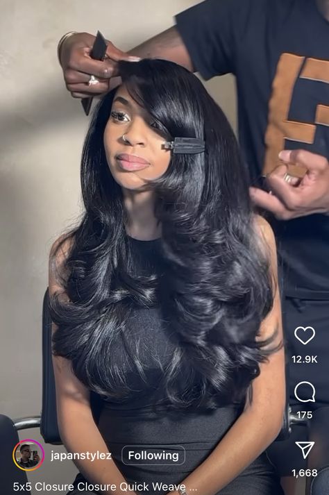 Thick Sew In, Jet Black Buss Down Middle Part Straight, Voluminous Hair Black Women, Heatless Curls Black Women, Blown Out Hair Black Women, Middle Part Hairstyles For Black Women, Buss Down Middle Part, Bombshell Hair, Middle Part Hairstyles