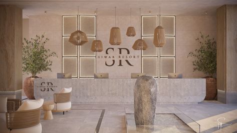 SIWAR - Hotel Reception Wabi-Sabi on Behance Wabi Sabi Hotel Lobby, Wabi Sabi Reception Design, Wabi Sabi Lobby, Boho Hotel Lobby, Japandi Reception Desk, Bohemian Reception, Wabi Sabi Reception, Reception Hotel Design, Japandi Reception