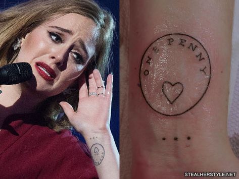 Adele "One Penny" Coin Wrist Tattoo | Steal Her Style Angelo Tattoo, Penny Tattoo, Stick Poke Tattoo, Paradise Tattoo, Penny Coin, Poke Tattoo, Matching Tattoo, Large Tattoos, Wrist Tattoo