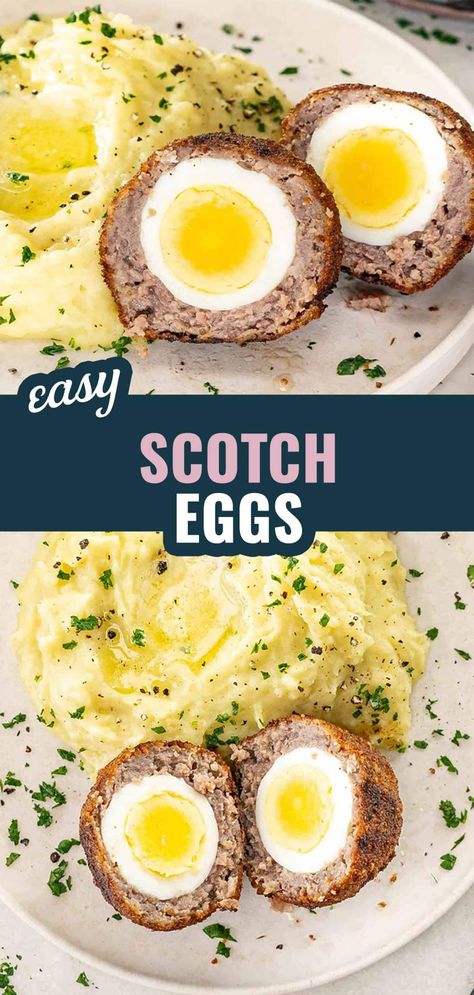 Try my delicious Scotch Eggs! Hard-boiled eggs wrapped in savory sausage, breaded, and fried to perfection. Perfect for any meal! #ScotchEggs #EasyRecipes #BreakfastIdeas #SavorySnacks #HomemadeCooking Scotch Eggs Baked, European Birthday, Scotch Eggs Recipe, Boiled Egg Recipes, Sausage Bread, Breakfast Recipies, Hearty Snacks, Appetizer Sandwiches, Jo Cooks