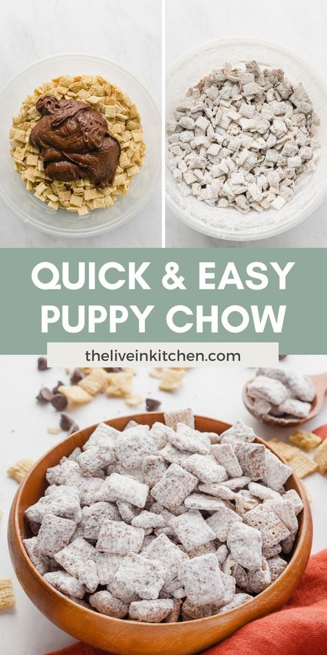 Puppy chow (also known as Muddy Buddies) is a Midwest favorite! Chocolate, peanut butter, chex, and powdered sugar make this the easiest snack ever. Puppy Chow Without Peanut Butter, Puppy Chow No Peanut Butter, Muddy Buddy Recipe, Homemade Muddy Buddies Puppy Chow, Puppy Chow With Cocoa Powder, Nutty Buddies Recipe Puppy Chow, Puppy Chow Recipe Without Peanut Butter, Easy Puppy Chow Recipe, Homemade Puppy Chow