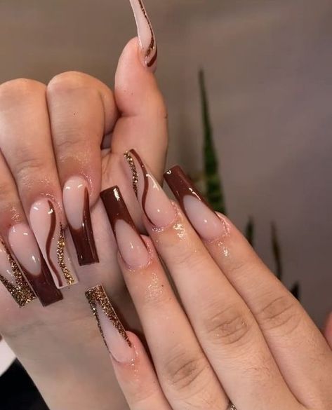 Long Fall Nails 2023 15 Ideas: Embrace the Season with Stunning Nail Designs - women-club.online Brown And Glitter Acrylic Nails, Mail Designs Brown, Idea Dinner Easy, Brown Nails Acrylic Art Designs, Brown Nails Gel Extensions, Pretty Brown Nails Acrylic, Brown Nails For Prom, Brown Prom Nails Acrylic, Nail On Black Women