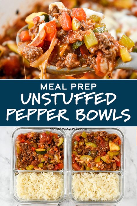 These Meal Prep Unstuffed Pepper Bowls are loaded with flavor and packed with veggies like zucchini, onion, tomatoes, and peppers, of course! Pair with your fave rice or other side for the perfect make-ahead lunch! ProjectMealPlan.com Unstuffed Pepper Bowls, Healthy Lunch Meal Prep, Dinner Meal Prep, Easy Healthy Meal Prep, Macro Meals, Health Dinner, Prepped Lunches, Lunch Recipes Healthy, Health Dinner Recipes