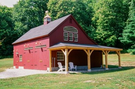 10' x 32' Porch Overhang with Hip Roof on 22' x 36' Carriage Barn Garage Overhang, Porch Overhang, Garage Projects, Equestrian Barns, Timber Garage, Post And Beam Barn, Lean To Roof, Barn Kits, Porch Addition