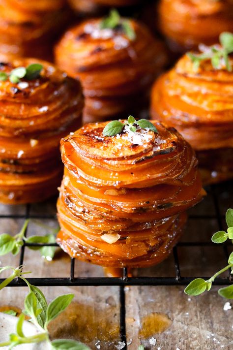 parmesan honey butter sweet potato stacks – The Foul-Mouth Gourmet Gourmet Thanksgiving, Sweet Potato Stacks, Sweet Potato Side Dish, Sweet Potato Sides, Thanksgiving Casserole, Sweet Potato Thanksgiving, Potato Stacks, Sweet Potato Kale, Thanksgiving Side Dish