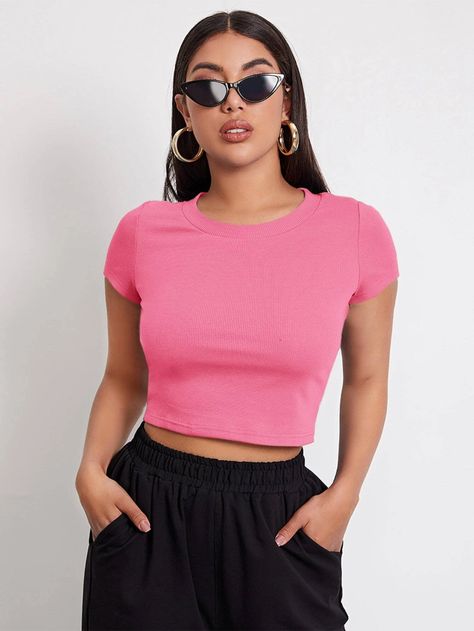 SHEIN Rib-knit Crop Top | SHEIN USA Purple Top Outfit, Crop Top Outfits Summer, Purple Crop Top, T Shirt Crop Top, Rib Knit Top, Top Shein, Summer Crop Tops, Crop Top Outfits, Ribbed Knit Top