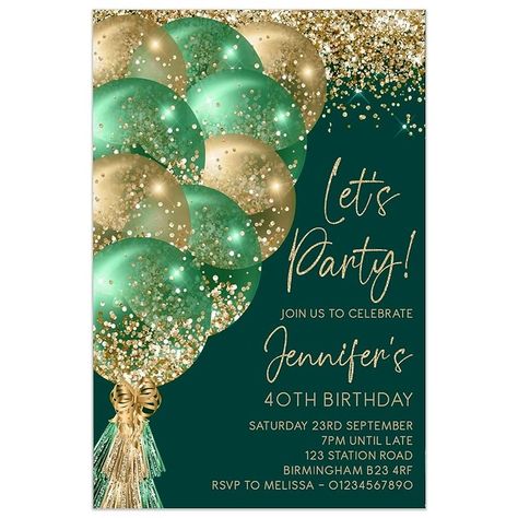 Personalised Birthday Party Invitations, Green Gold Balloons 18th 21st 30th 40th 50th 60th Invites any age | PACK OF 10 WITH ENVELOPES : Amazon.co.uk: Handmade Products 18th Birthday Party Green And Gold, Green 50th Birthday Party, Green And Gold 30th Birthday Party Decor, Green And Gold 40th Birthday Party Decor, Green And Gold Birthday Party Decor, Green And Gold Invitations, Green Birthday Invitations, Green And Gold Birthday Invitation, 70th Birthday Invitations