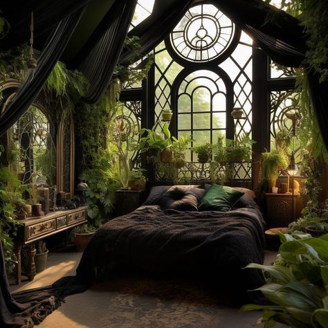 Emerald Green Gothic Bedroom, Gothic Nature Aesthetic Bedroom, Goth Plant Aesthetic Bedroom, Dark Green Forest Aesthetic Bedroom, Cottage Core Goth Bedroom, Green Witch Aesthetic Home Living Room, Green Aesthetic Bedrooms, Goth Plant Room, Green Witchy Bedroom