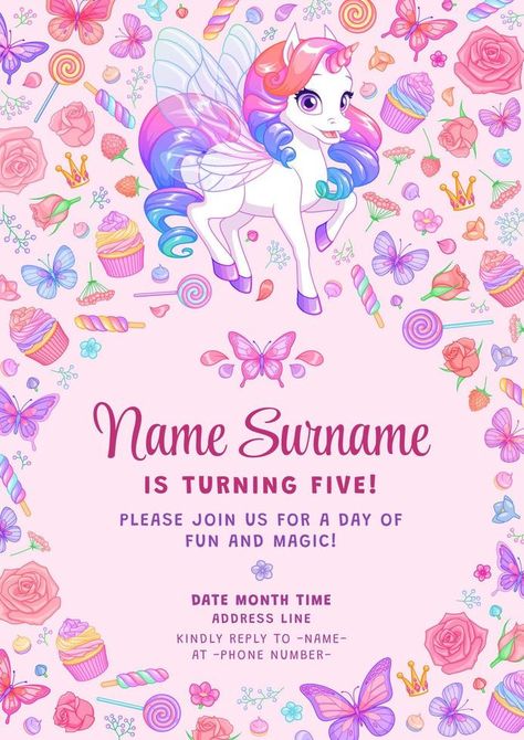 Unicorn party birthday invitation with flowers butterflies and candies vector template on pink background Pink Template, Symbol Art, Vector Shapes, Vector Template, Background Background, Unicorn Birthday Parties, The Unicorn, Unicorn Party, Party Birthday