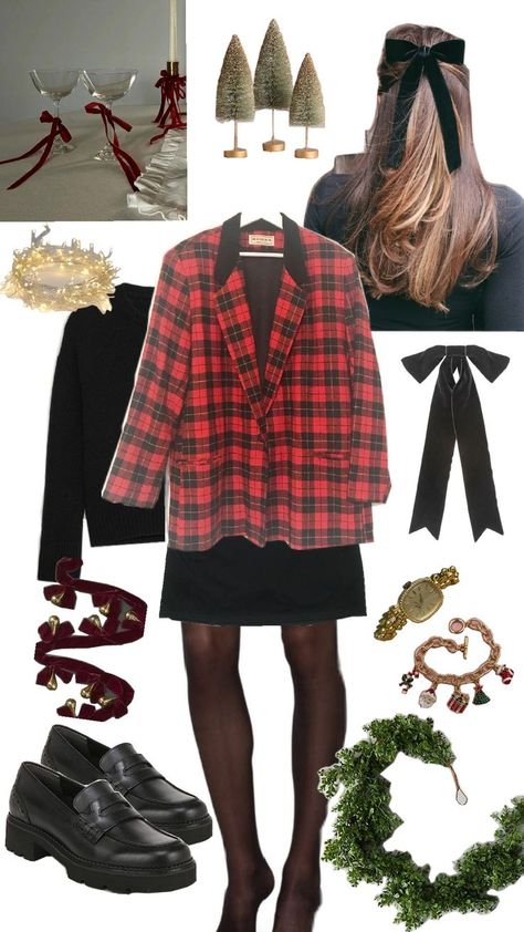 Christmas Outfit Idea 1: vintage White Stag red plaid wool blend blazer, black sweater, black skort, sheer black tights, black leather lug sole loafers, black velvet hair bow, and jewelry (vintage gold Christmas baubles charm bracelet watch from my closet). Christmasy accessories: faux greenery garland, red velvet bell ribbon strand decor, coil of string lights, bottle brush Christmas trees, and candles and wine glasses tied with red ribbon bows. Vintage Gold Christmas, Emo Christmas, Strand Decor, Velvet Hair Bow, Charm Bracelet Watch, Collage Pieces, Sheer Black Tights, Bottle Brush Christmas Trees, Black Skort