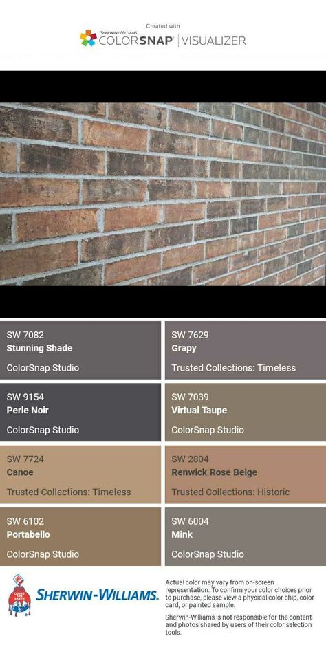 Brown Brick And Stucco Exterior, Brick Colors Palette, Brown Brick Shutter Colors, House Paint Exterior Colour Schemes With Red Brick, Different Brick Colors, Door Color With Brown Brick, Brown Brick Color Palette, Multicolor Brick House Exterior, Dark Brown Brick Exterior Color Scheme