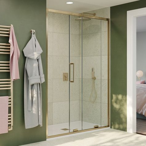 Shower Tray Ideas, Gold Shower Door, Single Sliding Door, Turkish Bathroom, Shower Trays, Brass Components, Pvc Door, Gold Shower, Door Entry