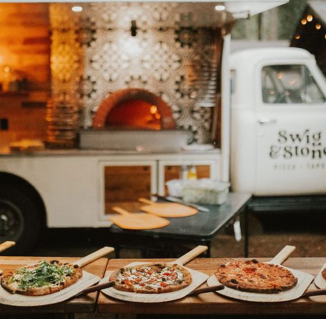 Swig & Stone | Central Oregon Event Catering | Pizza & Taps Wedding After Party Pizza, Wood Fired Pizza Wedding, Serving Pizza At A Wedding, Wedding Pizza Food Truck, Cobb Pizza Oven, Banana Leaf Plates, Pizza Catering, Pizza Truck, Stone Oven