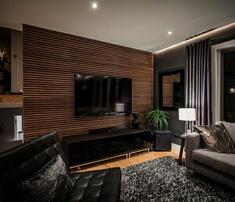 TV Wall Panel – 35 Ultra Modern Proposals | Decor 10 Creative Home Design                                                                                                                                                     More Modern Living Room Black, Tv Wall Panel, Tv Mounted, Ruang Tv, Modern Tv Wall, Wood Slat Wall, Tv Wand, Wall Panel Design, Accent Walls In Living Room