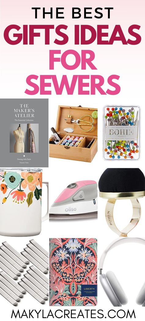 Gift guide ideas, 1. sewing book the makers atelier, 2. sewing box, 3. glass pins, 4. mug, 5. small iron, 6. a wrist pin cushion, 7. hemming pins, 8. a notebook, 9. airpod max headphones Unique Gifts For Sewers, Gifts For Sewers Diy, Best Gifts For Sewers, Christmas Gifts For Sewers, Gifts For Fashion Designers, Gifts For Sewing Lovers, Sewing Gifts For Friends, Gifts For Sewers, Gifts For Crafters