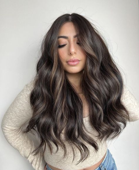 Baby Lights In Dark Brown Hair, Earthy Brunette Hair Balayage, Dark Hair With Baby Highlights, Lived In Brunette Balayage Dark Roots, Dark Brown Hair With Light Brown Lights, Sun Kissed Brown Hair, Dimensional Brunette Dark, Brown Hair Chocolate, Darker Highlights