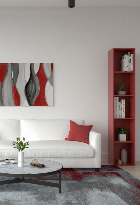 Red Black White Living Room Decor, Red Black And White Office Ideas, Red Theme Living Room, White And Red Living Room, Living Room Red Accents, Maroon Living Room Ideas, Living Room With Red Accents, Red Living Room Color Scheme, Red And White Living Room