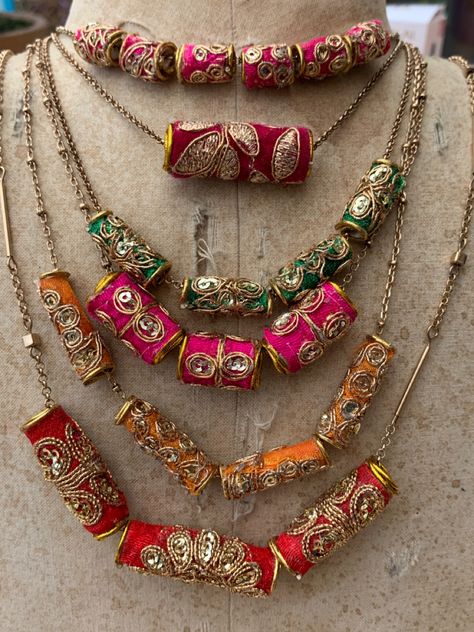 Upcycled Indian Sari Fabric @butterflyandrose_jewellery Fabric Jewelry Handmade Indian, Fabric Necklaces Ideas, Beaded Jewelry Indian, Fabric Jewellery Handmade, Fabric Jewelry Handmade, Crochet Necklace With Beads, Fabric Necklace Diy, Garba Jewellery, Handmade Fabric Jewellery